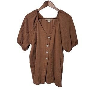 Misia Women 2X Brown Cable Knit Puff Sleeve V-Neck Rhinestone Button Top Retro